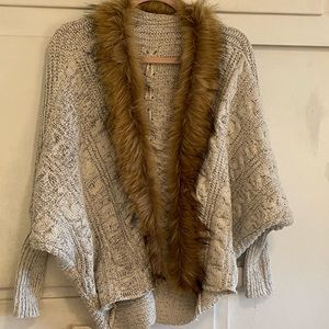 Fur-trimmed sweater. L/XL. Dolman sleeve. Oatmeal color. Lace back. Very cute.